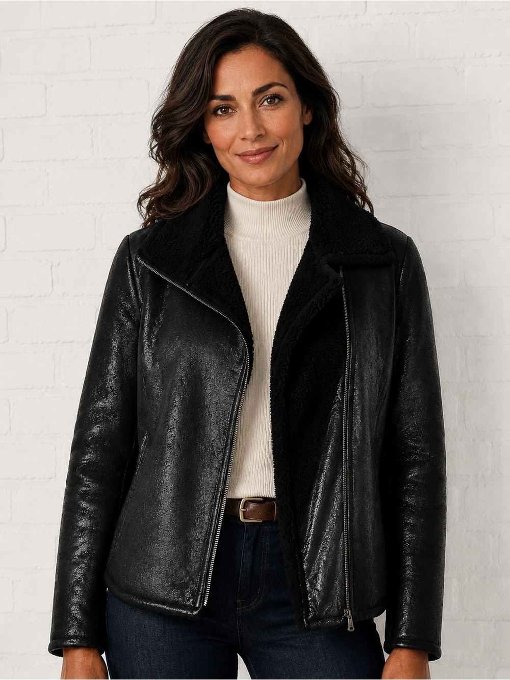 Lauren Ralph Lauren Black Faux Shearling Moto Jacket XS